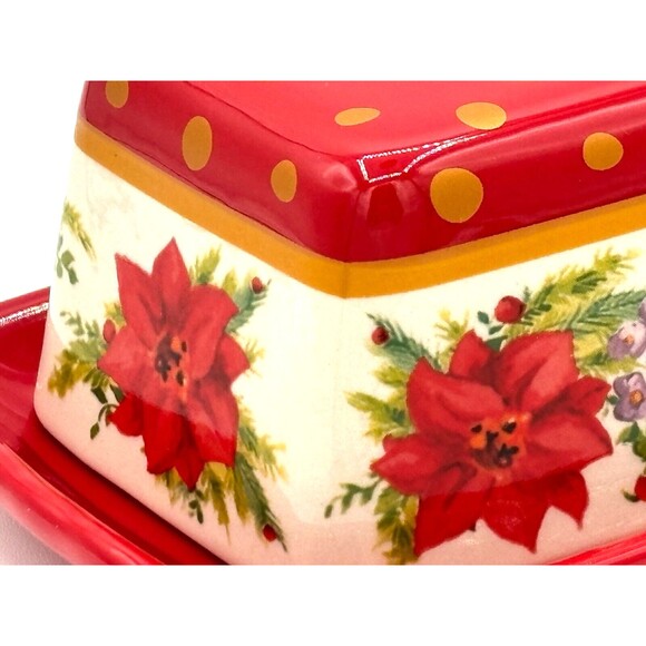 Pioneer Woman Holiday Cheer Red Gold Poinsettias Stoneware Covered Butter Dish - Picture 9 of 16